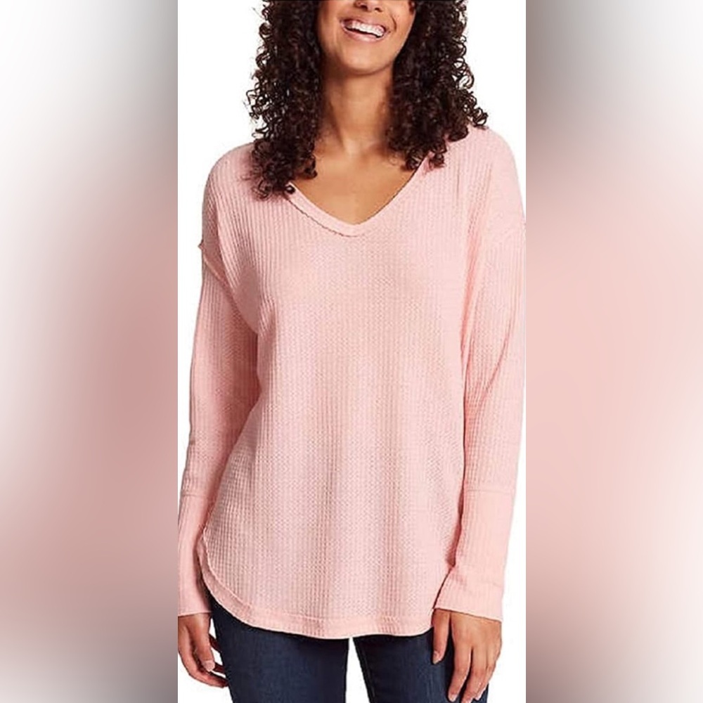 VINTAGE AMERICA Peachy Pink Waffle Knit Thermal V-Neck + Long Sleeves Top Med